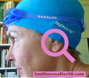 You can barely see the silicone ear plugs in my ears, part way under the swim cap.